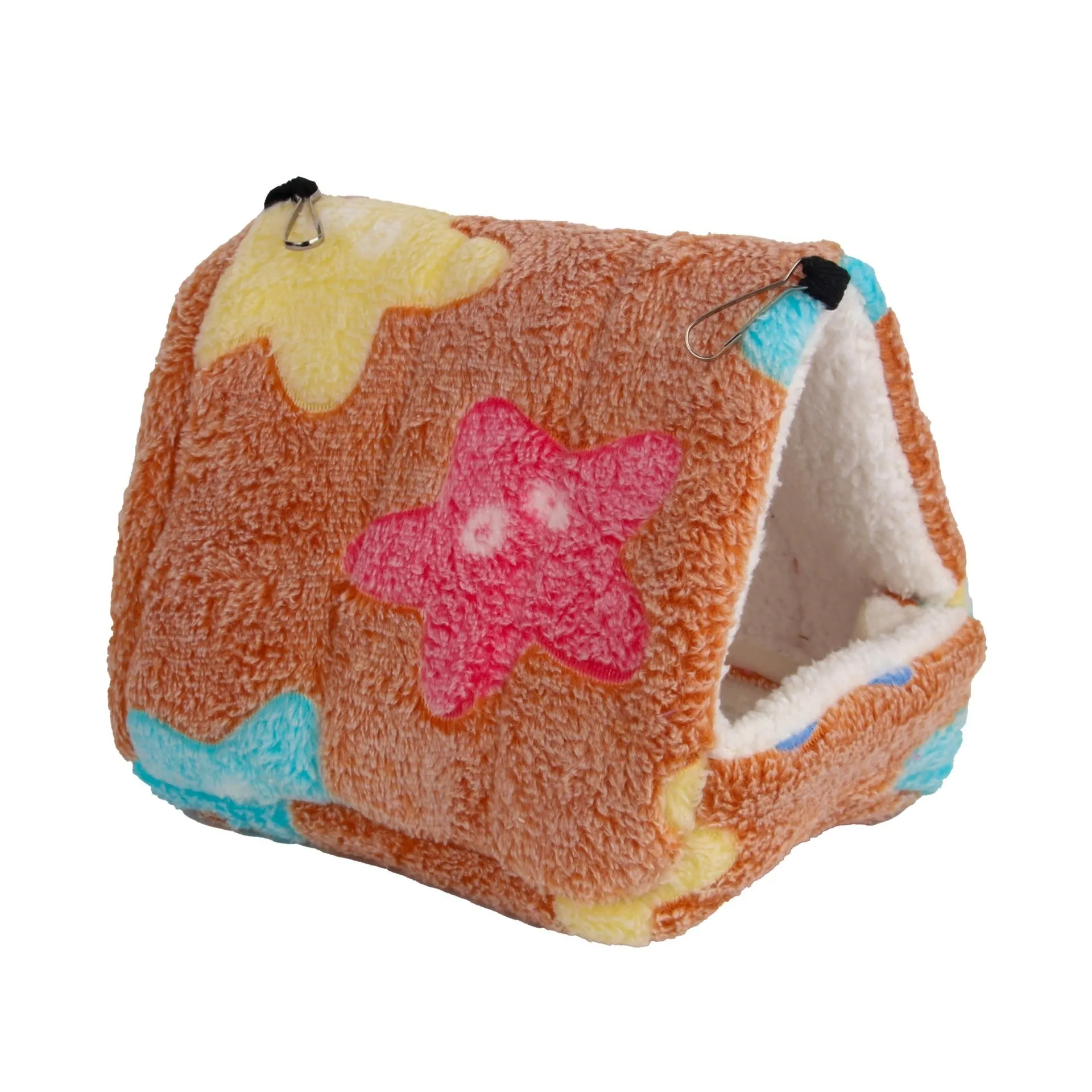 Flannel small pet sleeping bag in pink with hook for cage attachment, suitable for hamsters and hedgehogs