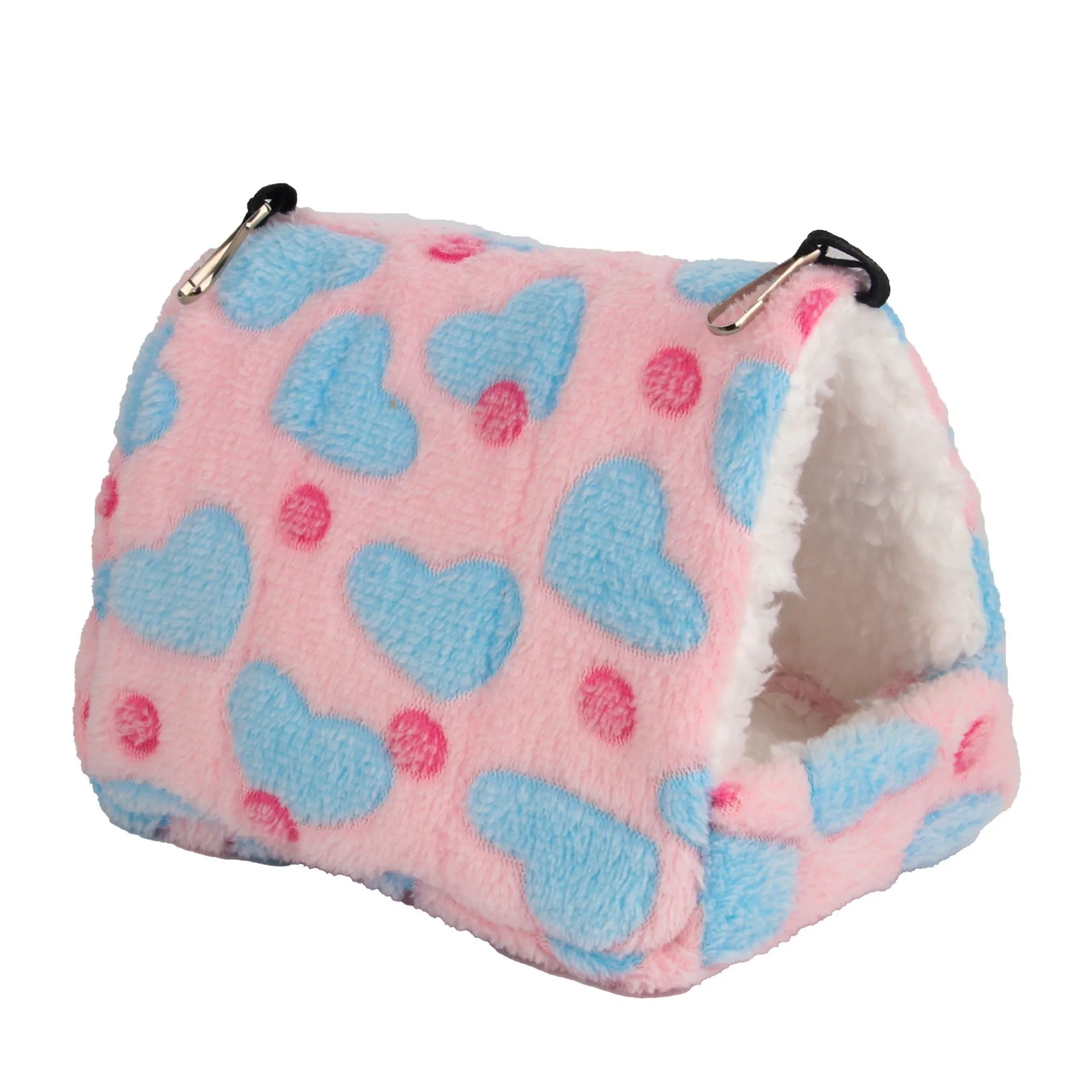 Flannel small pet sleeping bag in pink with hook for cage attachment, suitable for hamsters and hedgehogs
