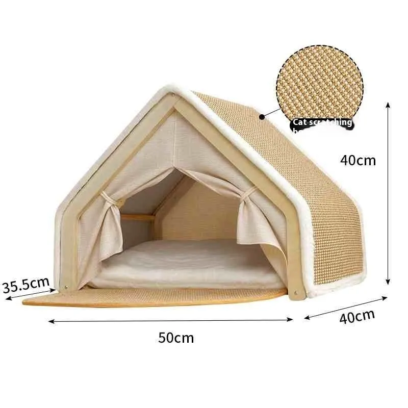 Windproof sisal cat tent with solid wood frame, large size, for indoor scratching and resting.