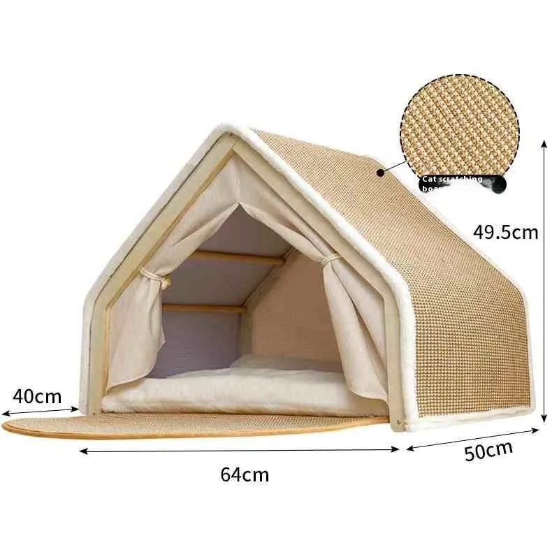 Windproof sisal cat tent with solid wood frame, large size, for indoor scratching and resting.