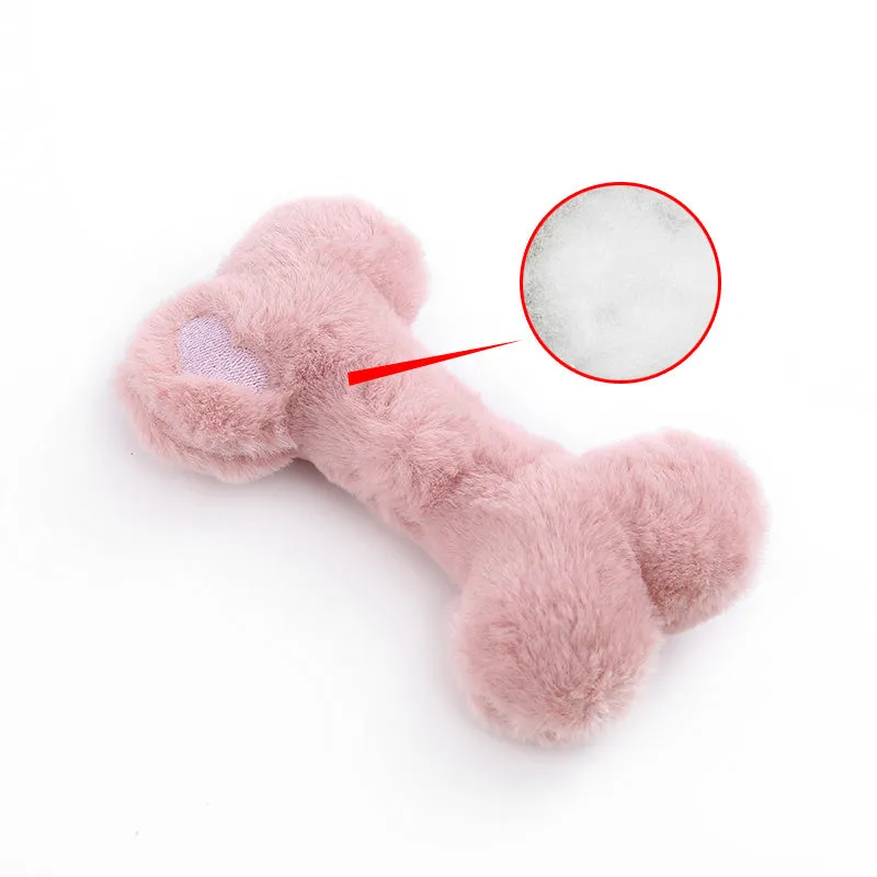 Blue bone-shaped plush dog toy with squeaker and grinding teeth texture for interactive play