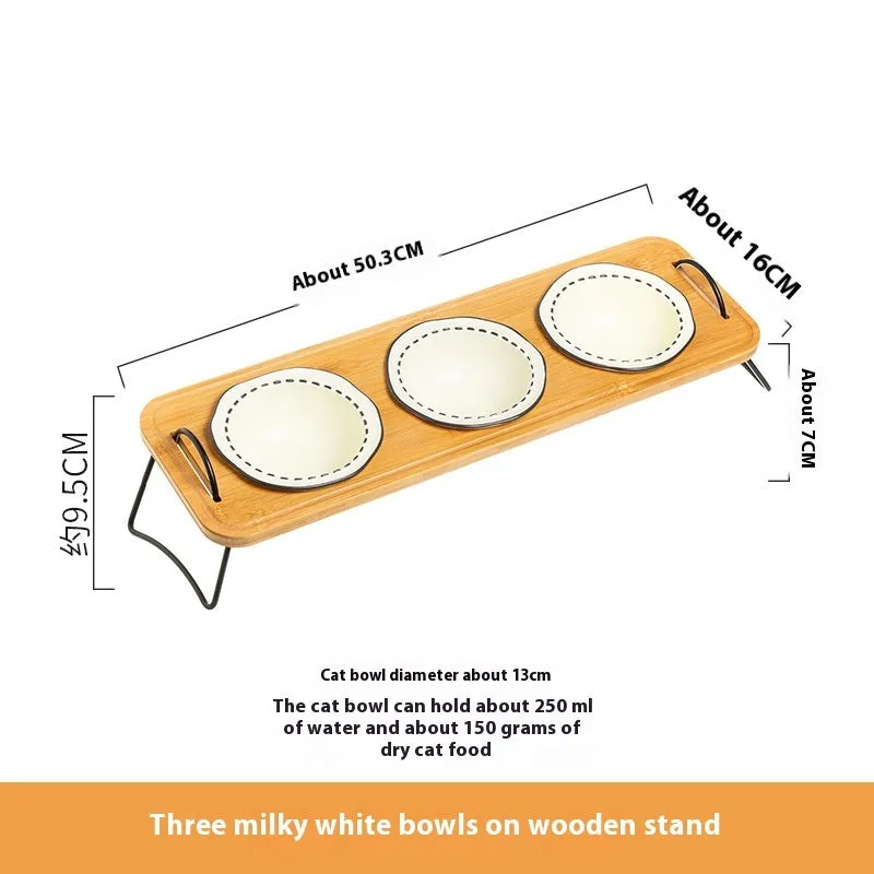 Pet wooden rack ceramic cat bowl anti-tumble oblique mouth feeding set in milk yellow