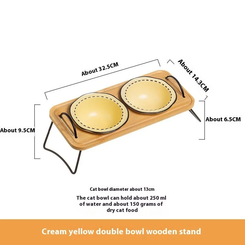 Pet wooden rack ceramic cat bowl anti-tumble oblique mouth feeding set in milk yellow