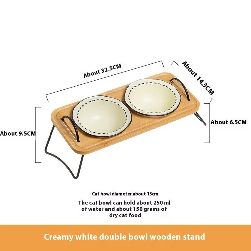 Pet wooden rack ceramic cat bowl anti-tumble oblique mouth feeding set in milk yellow