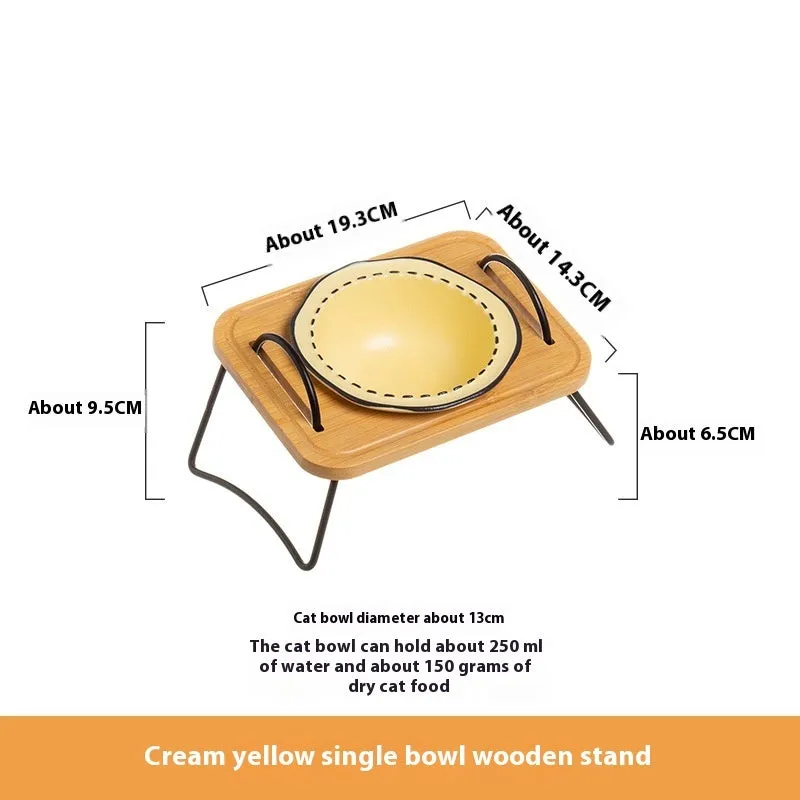Pet wooden rack ceramic cat bowl anti-tumble oblique mouth feeding set in milk yellow