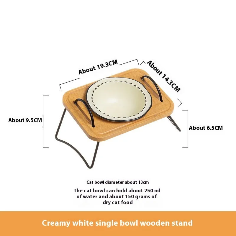 Pet wooden rack ceramic cat bowl anti-tumble oblique mouth feeding set in milk yellow