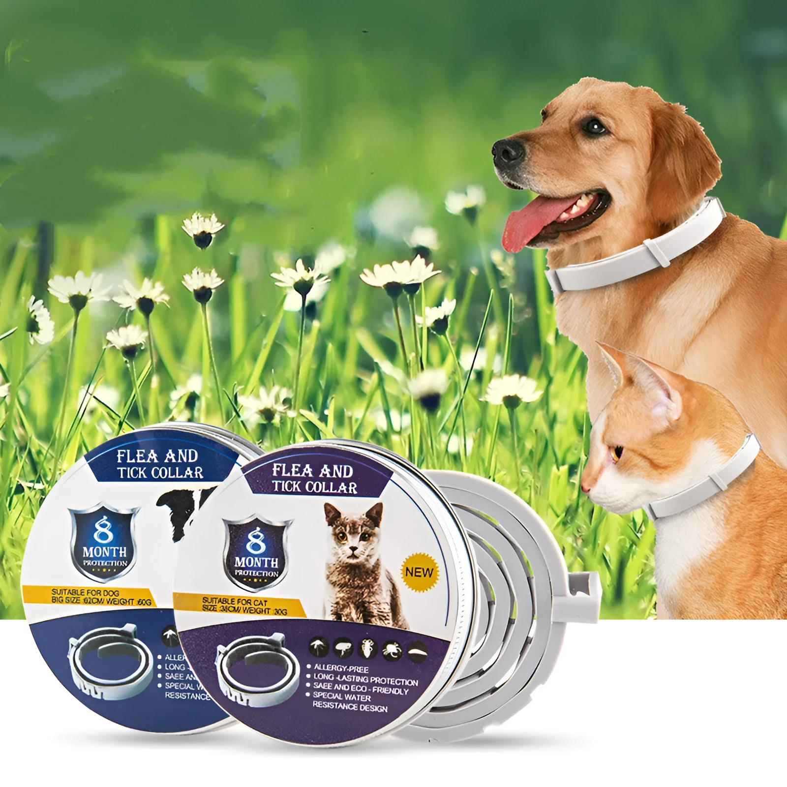 Adjustable pet flea collar for cat or dog, natural plant extracts, waterproof, 8 months protection, TPR silica gel