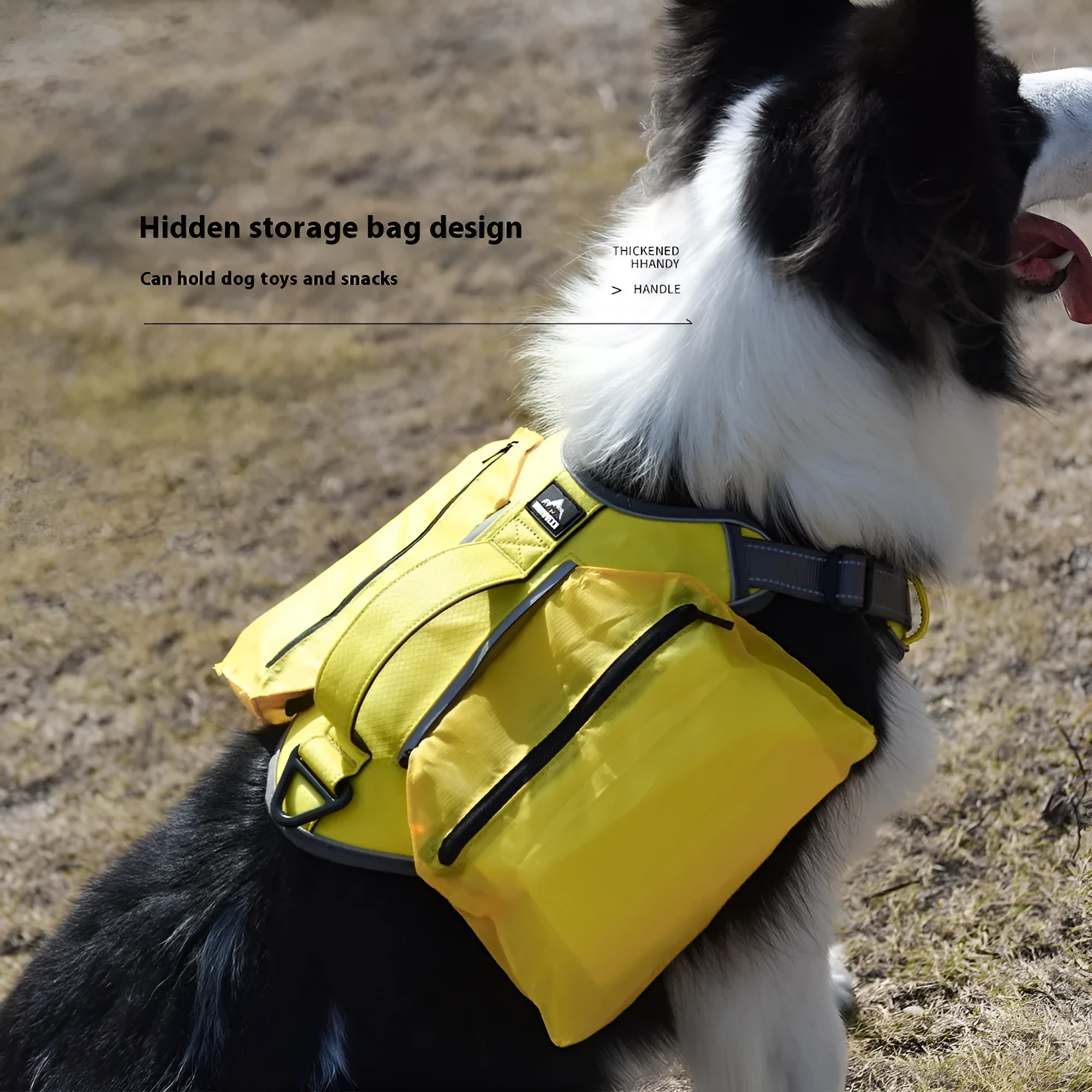 Reflective Oxford cloth pet harness in yellow with metal chain ring on white background