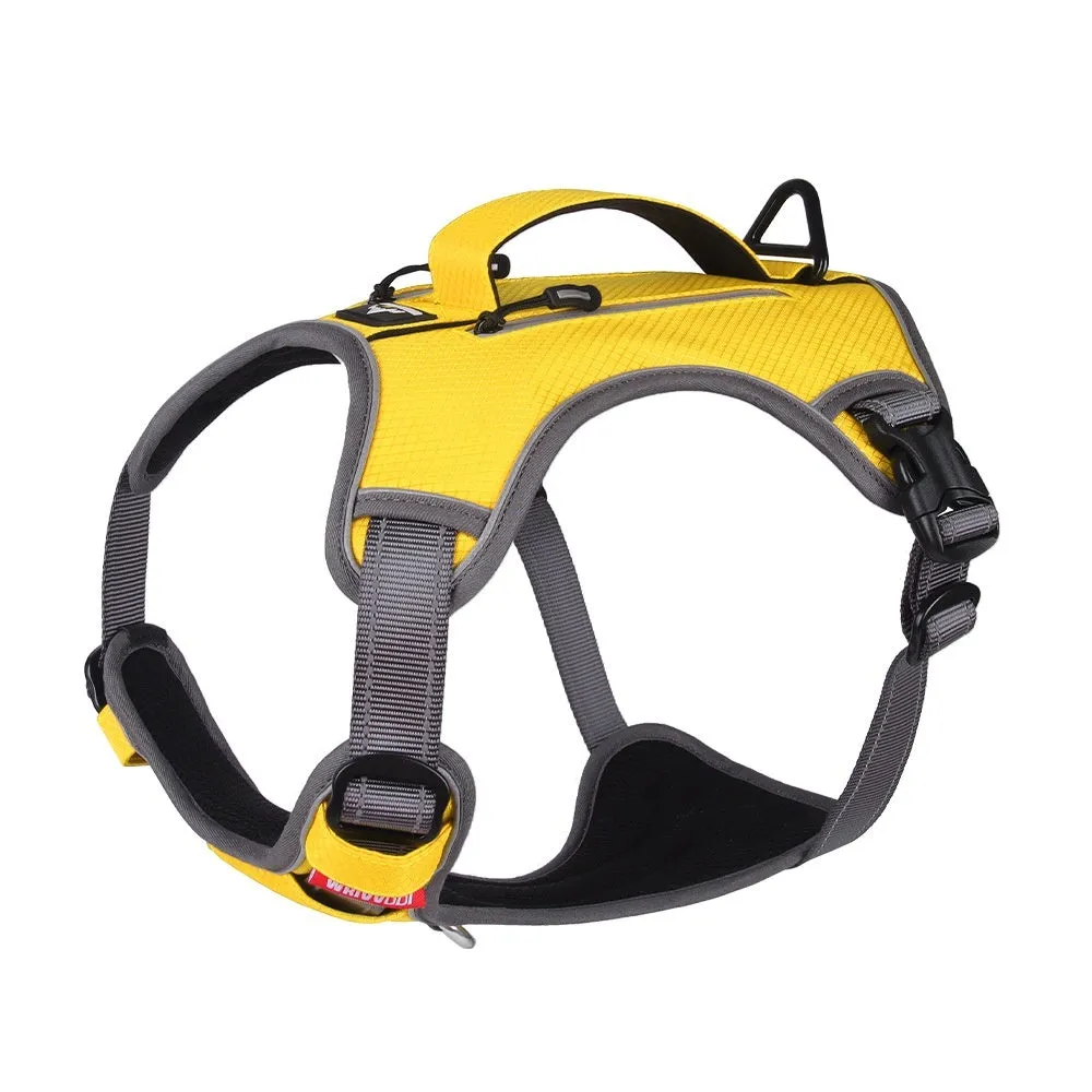 Reflective Oxford cloth pet harness in yellow with metal chain ring on white background