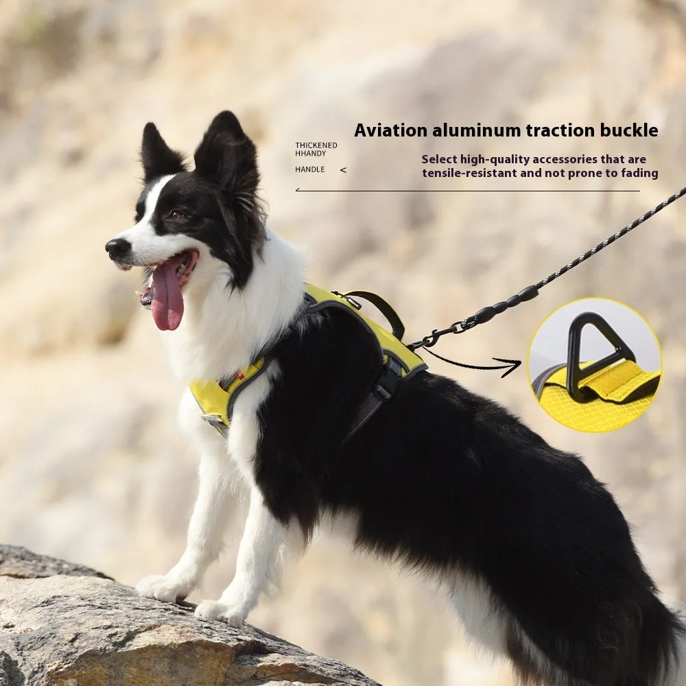 Reflective Oxford cloth pet harness in yellow with metal chain ring on white background