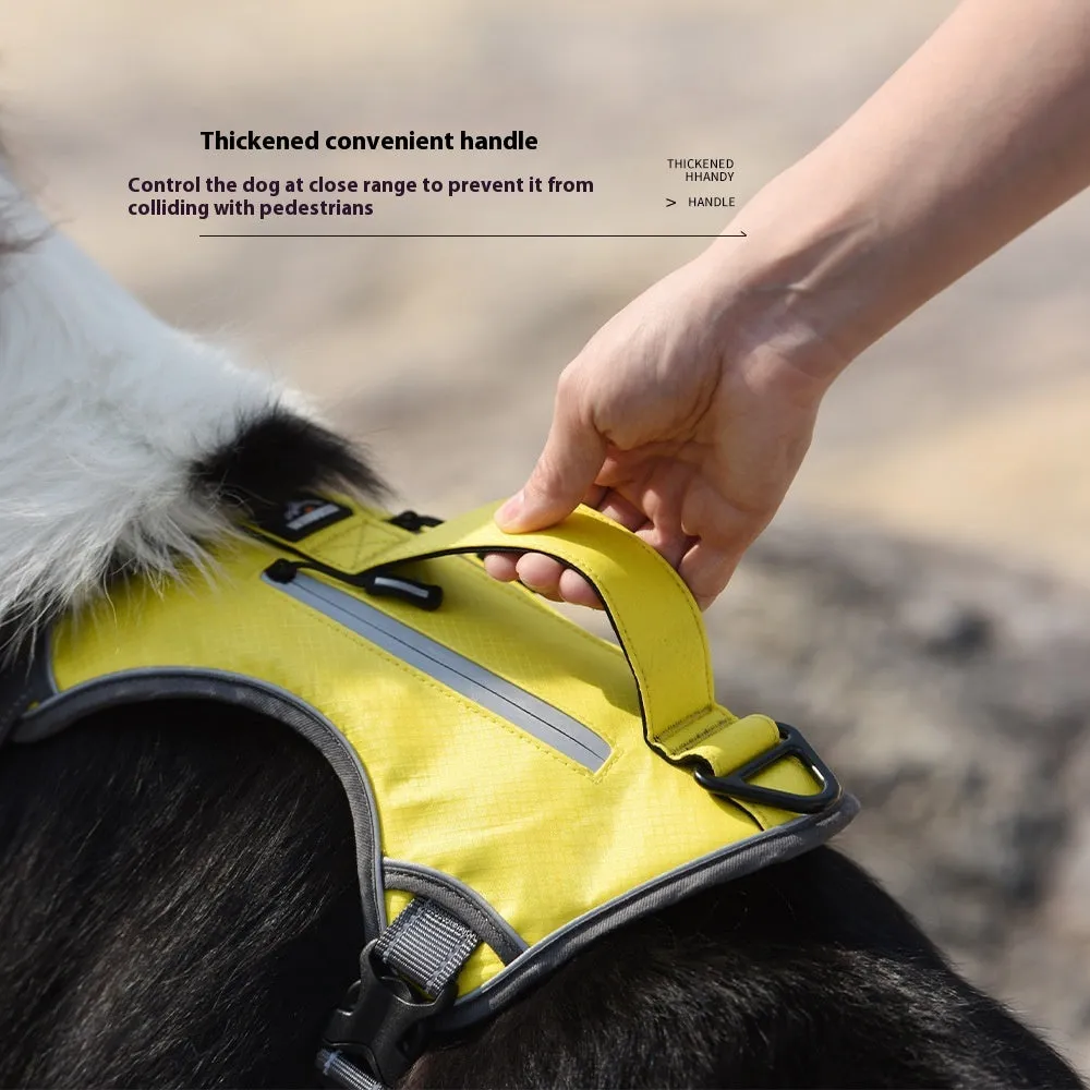 Reflective Oxford cloth pet harness in yellow with metal chain ring on white background