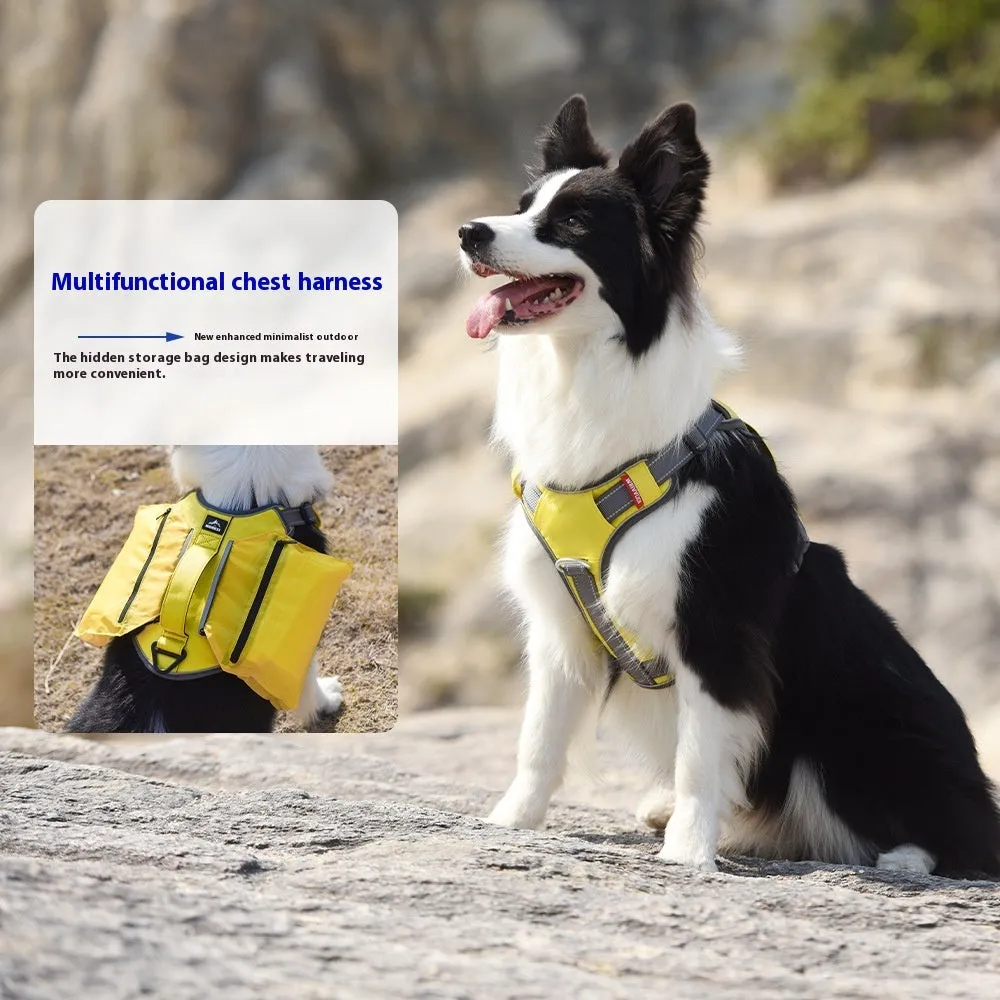 Reflective Oxford cloth pet harness in yellow with metal chain ring on white background