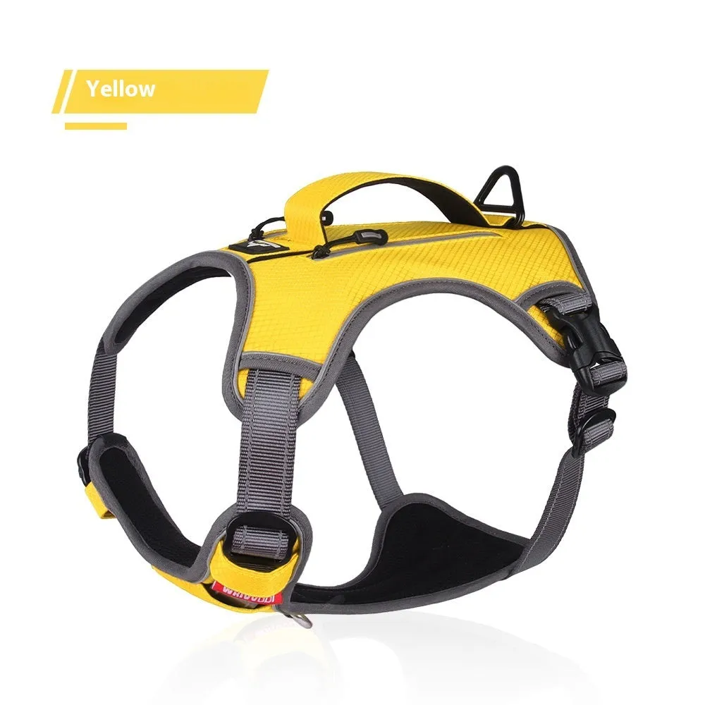 Reflective Oxford cloth pet harness in yellow with metal chain ring on white background