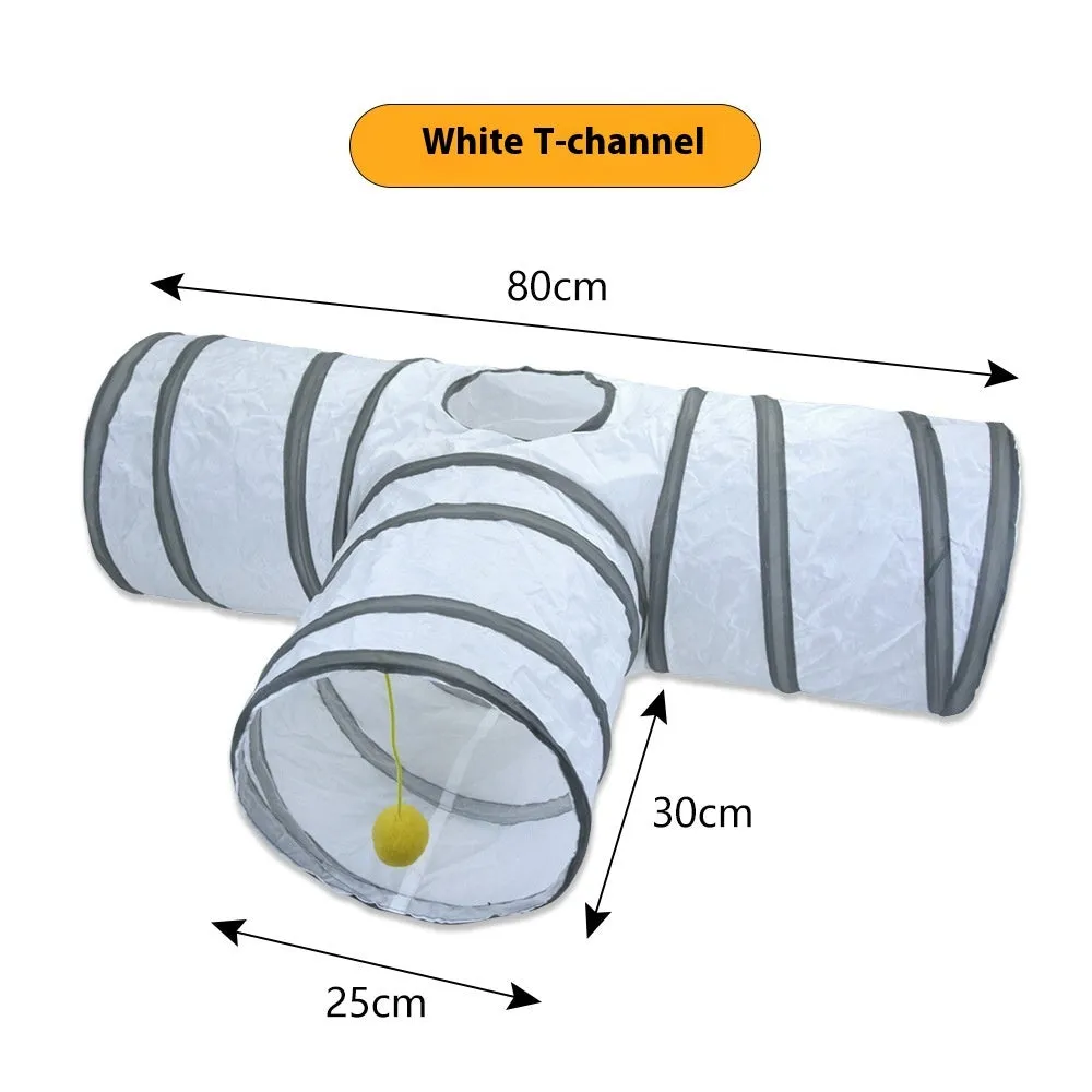 White cat tunnel rolling dragon pet toy made from polyester, shown in White S pass configuration