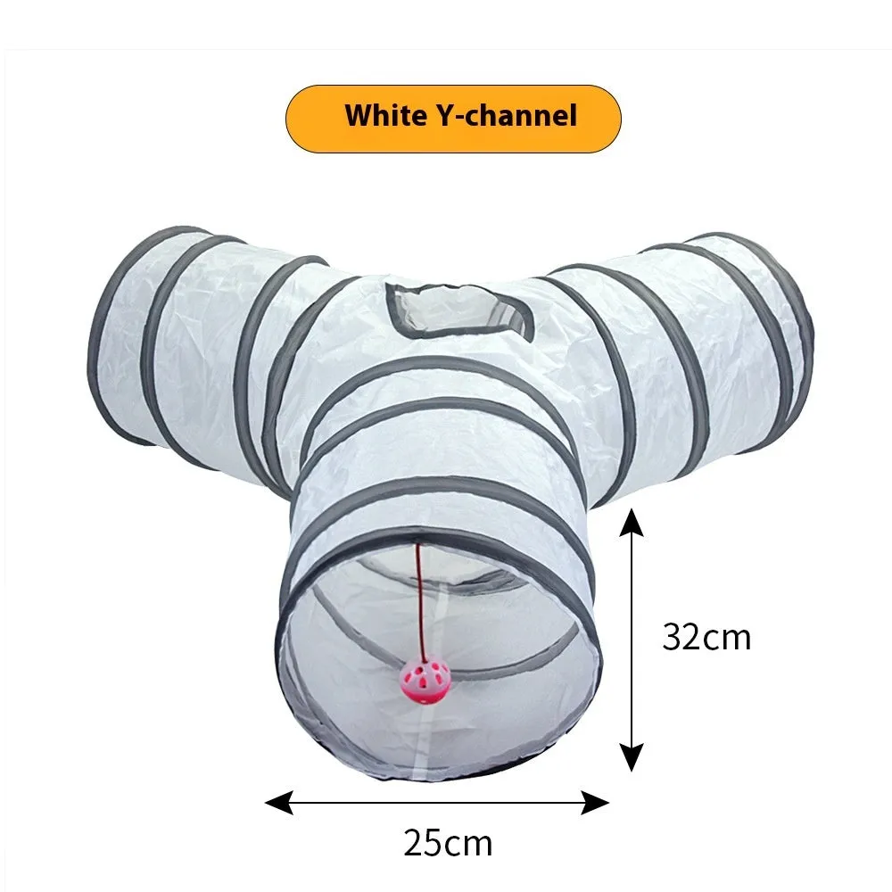 White cat tunnel rolling dragon pet toy made from polyester, shown in White S pass configuration
