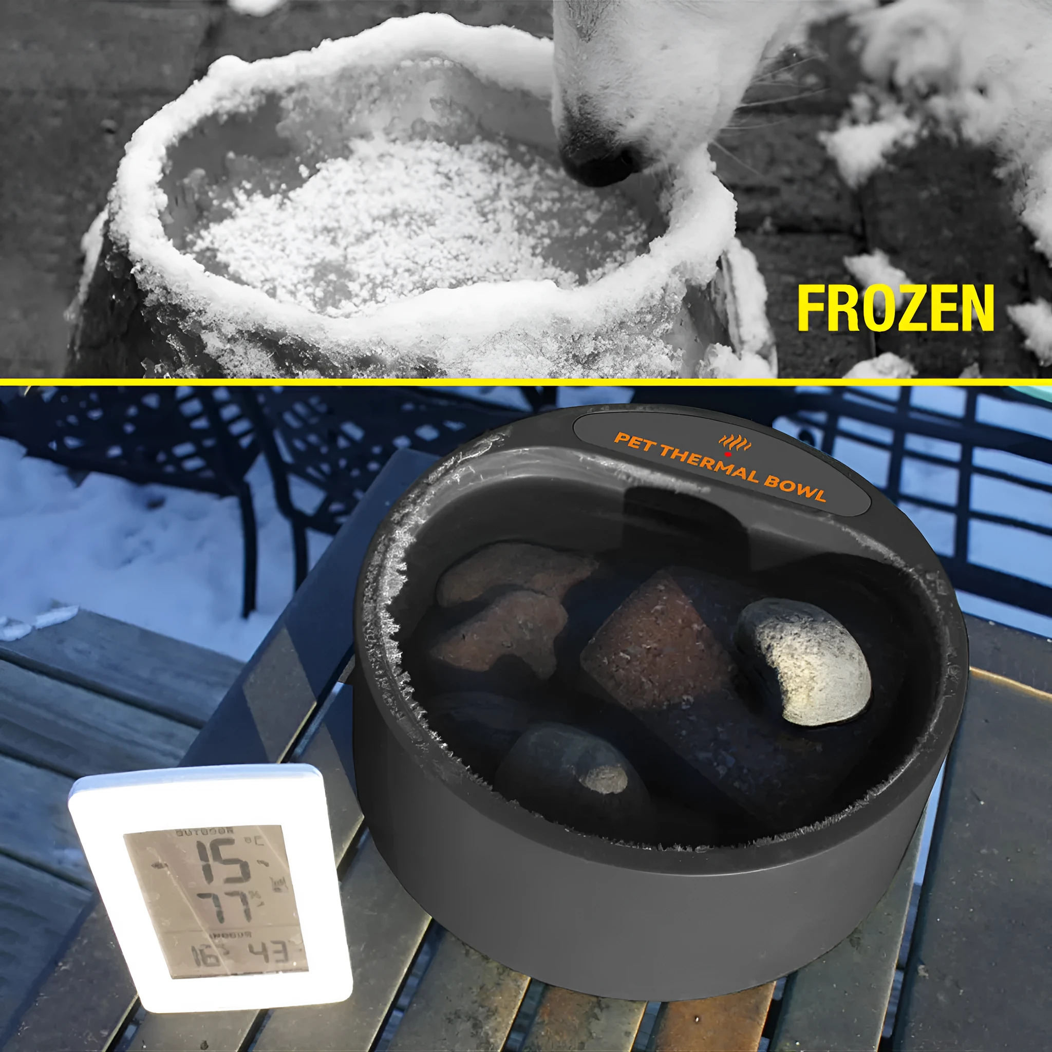 Black ABS plastic pet heating bowl with constant temperature function for cats and dogs.