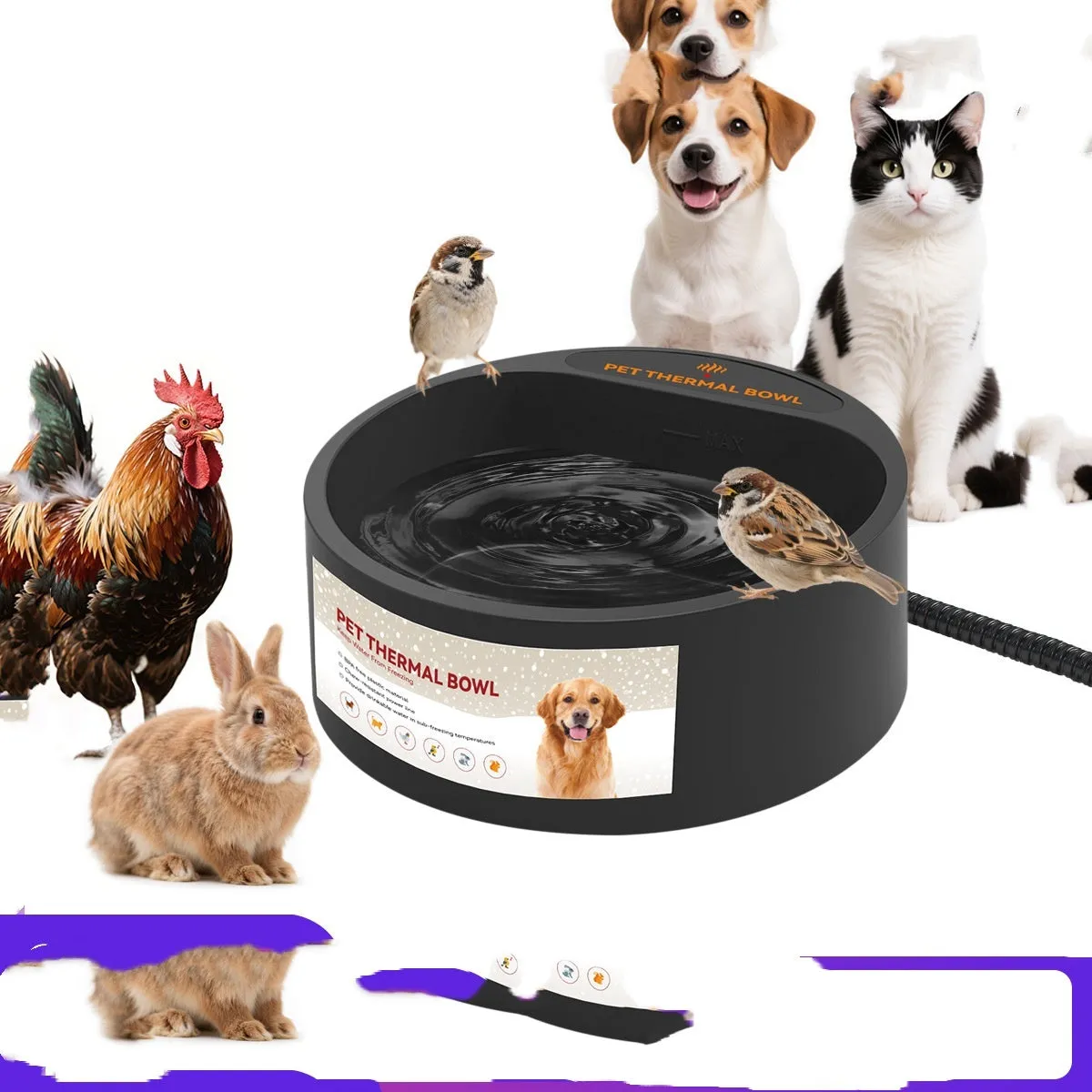 Black ABS plastic pet heating bowl with constant temperature function for cats and dogs.