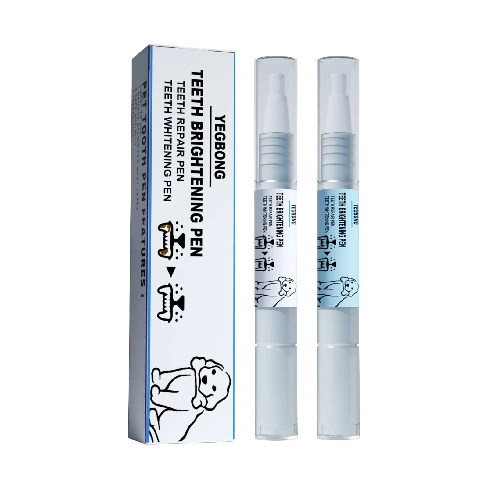 Pet teeth whitening pen set with two 3ml applicators and dental brushes for dog and cat dental care