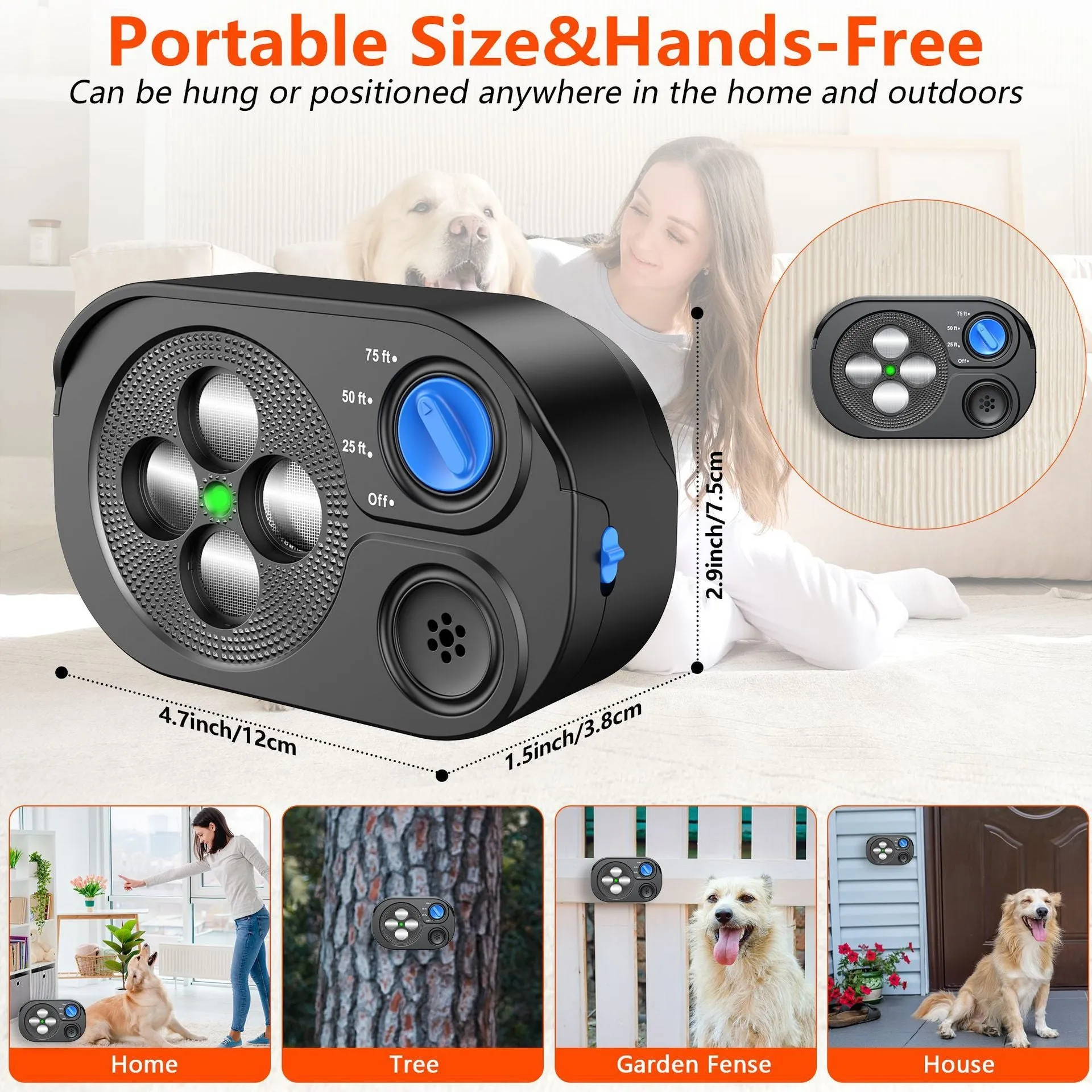 Automatic ultrasonic bark stopping dog training device black ABS casing compact 124x77x42mm