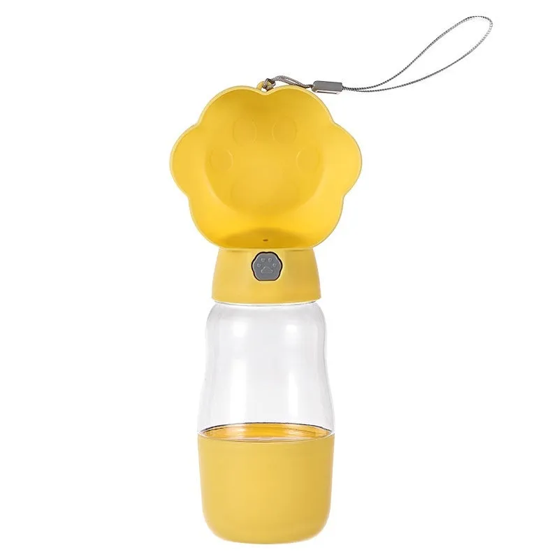 Portable dog water cup in yellow with 320ml capacity and separate food cup