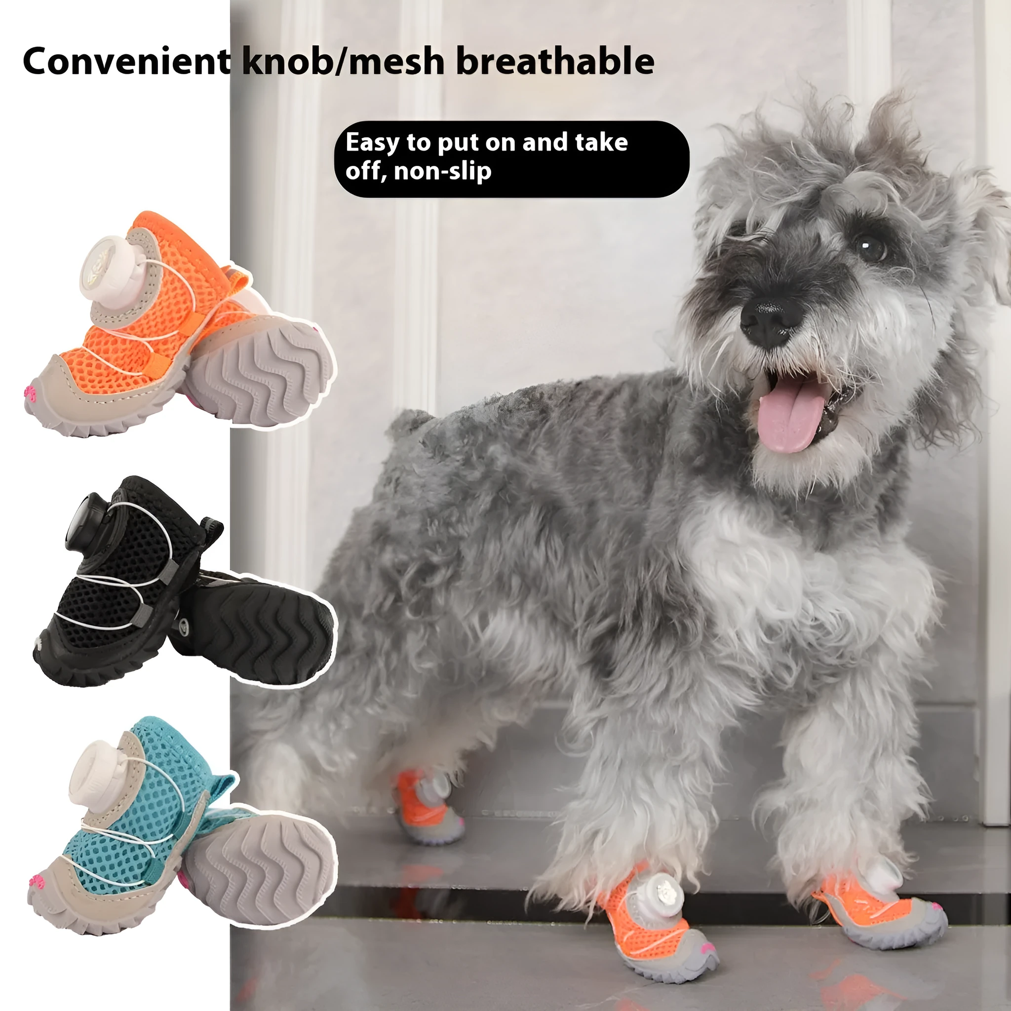 Soft bottom non-slip dog shoes in black with Oxford cloth upper, shown on a small dog