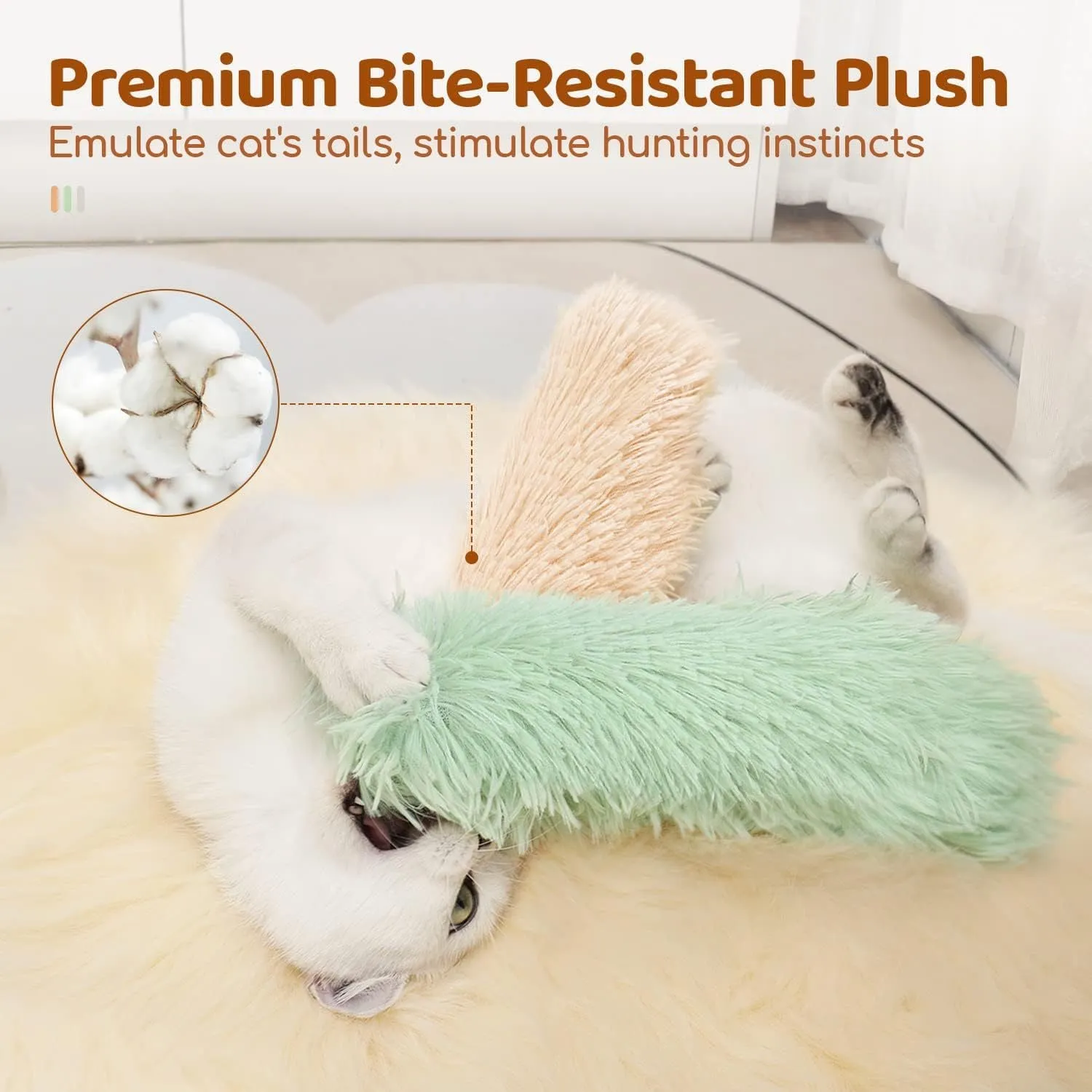 Plush cat toy pillow in blue, green, pink, and white colours, shown at 27cm by 10cm size