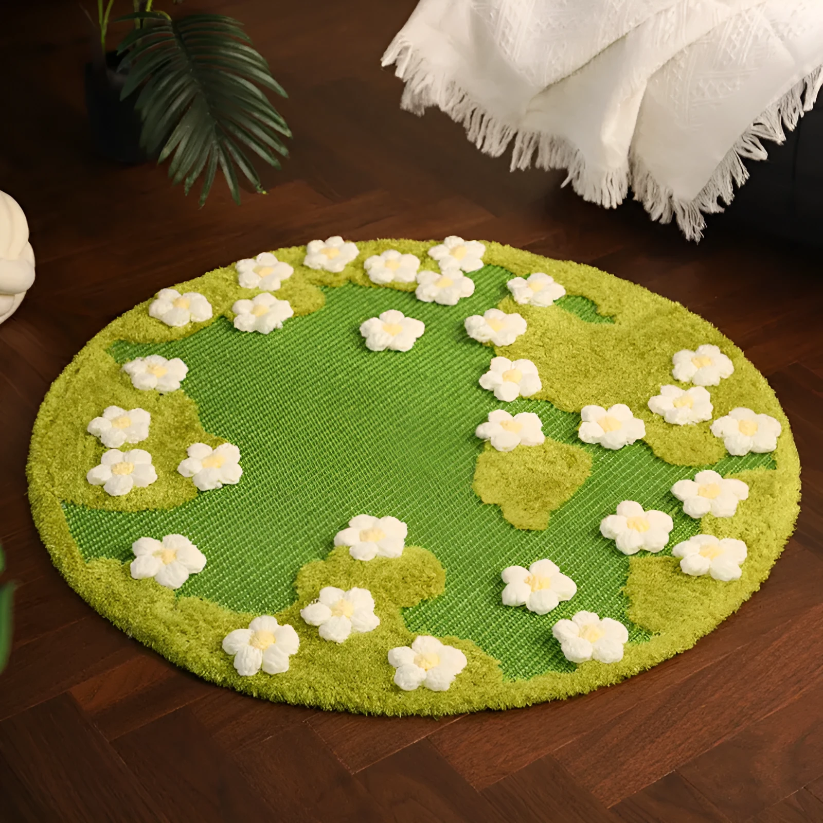 Flower sisal cat scratching pad in pastoral style with 80cm diameter on a floor