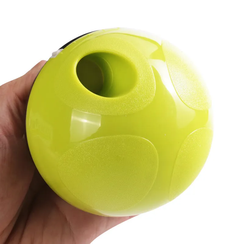 Green pet food feeder dispenser treat ball with tumbler design, 100x117mm, for dogs and cats