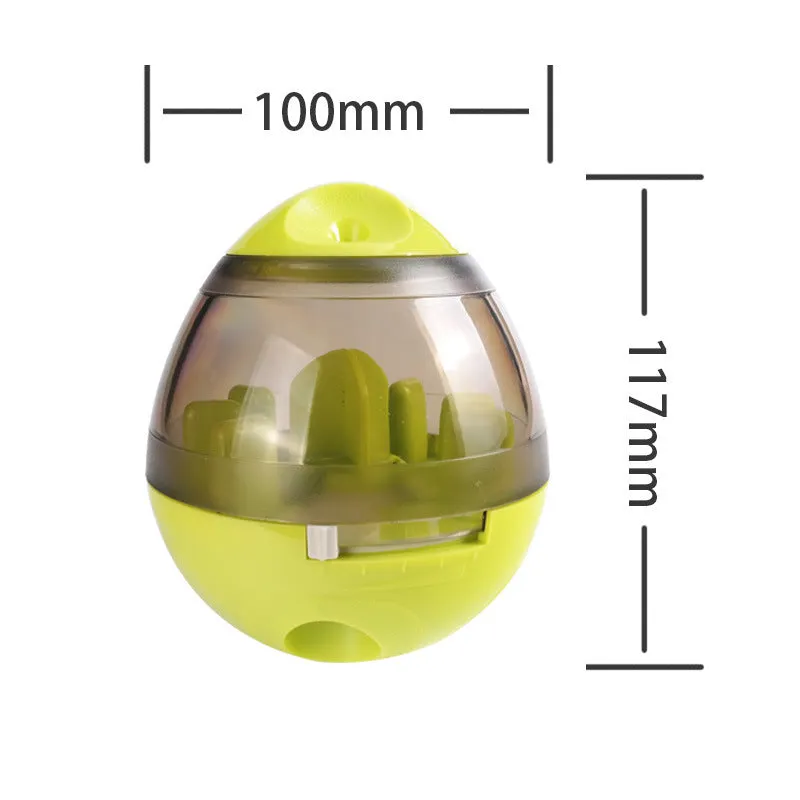 Green pet food feeder dispenser treat ball with tumbler design, 100x117mm, for dogs and cats
