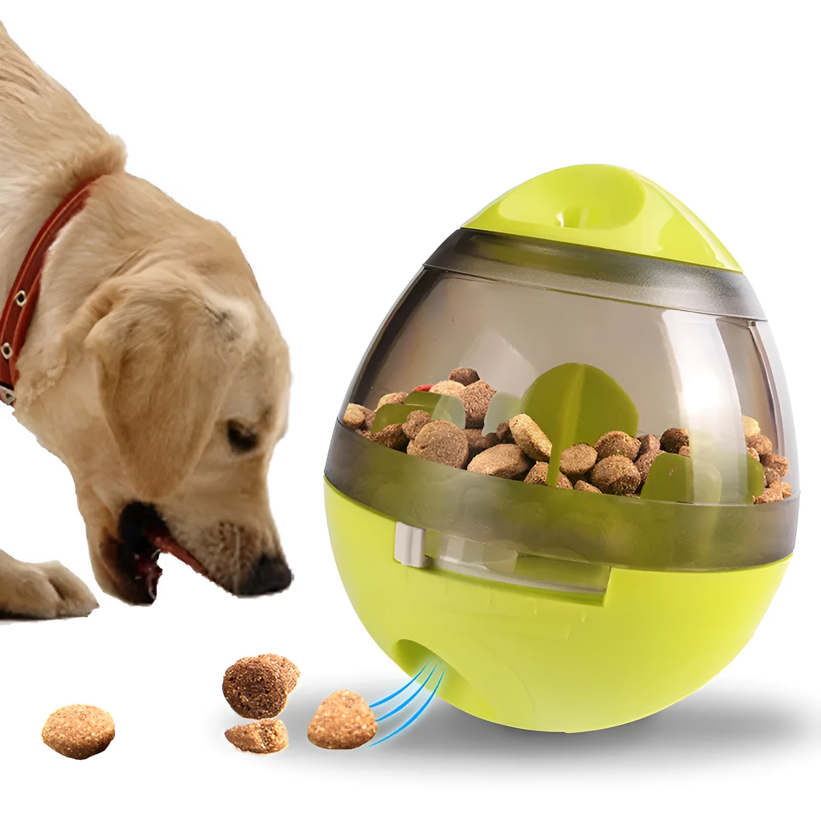 Green pet food feeder dispenser treat ball with tumbler design, 100x117mm, for dogs and cats