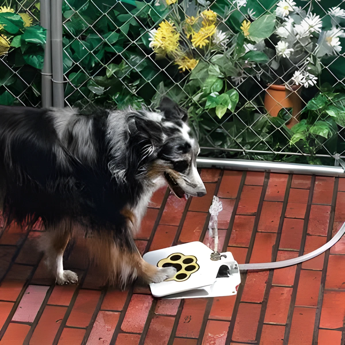 Outdoor dog water fountain in heavy-gauge steel with paw-pad and hose