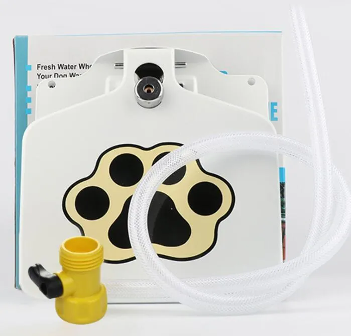 Outdoor dog water fountain in heavy-gauge steel with paw-pad and hose