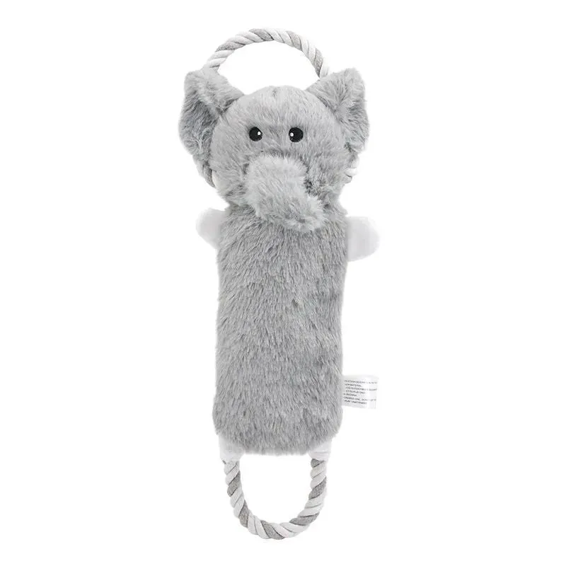 Plush dog toy shaped like zebra with rope and squeaker on white background