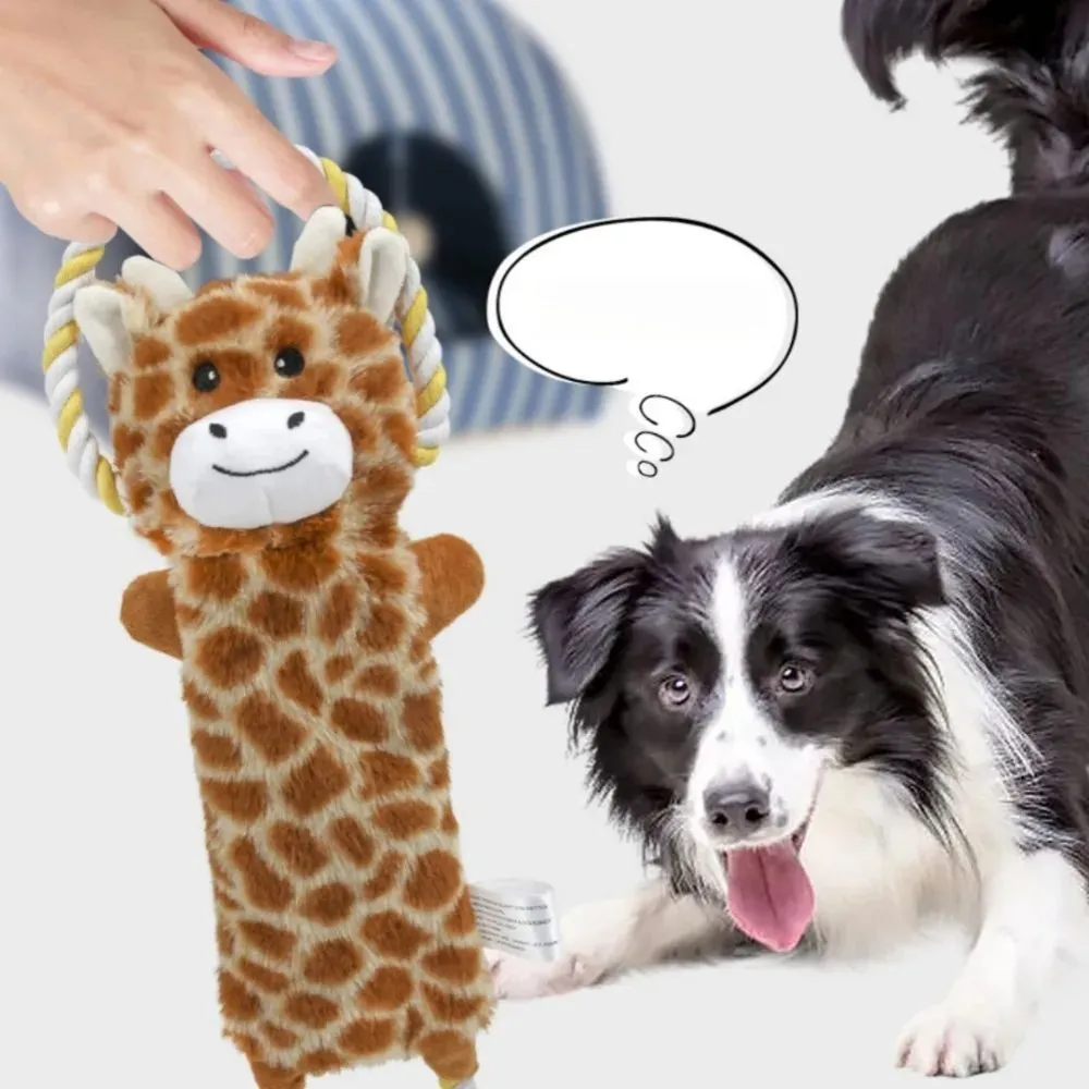 Plush dog toy shaped like zebra with rope and squeaker on white background