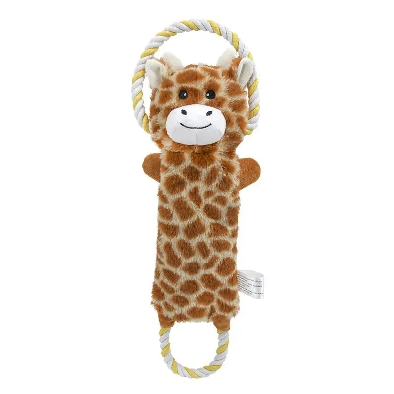 Plush dog toy shaped like zebra with rope and squeaker on white background