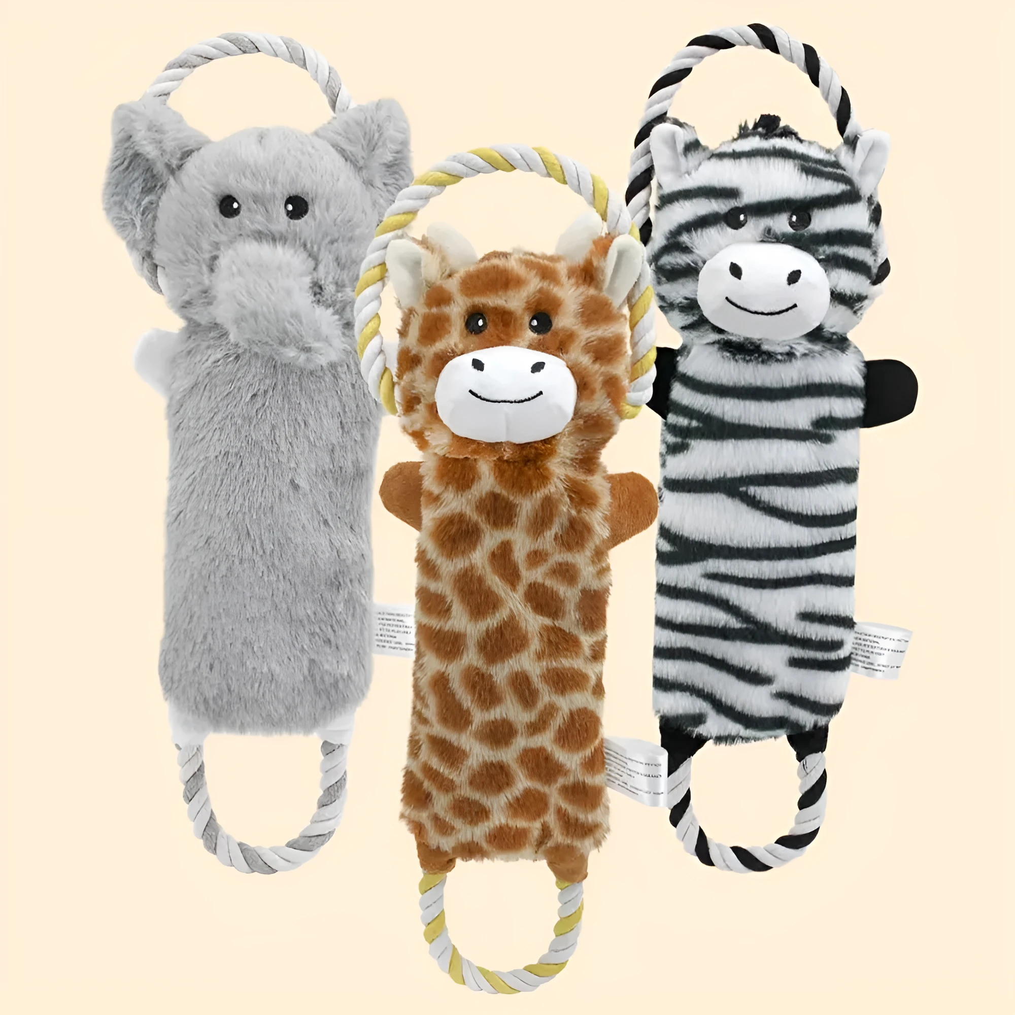 Plush dog toy shaped like zebra with rope and squeaker on white background