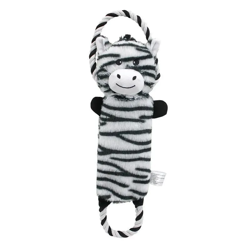 Plush dog toy shaped like zebra with rope and squeaker on white background