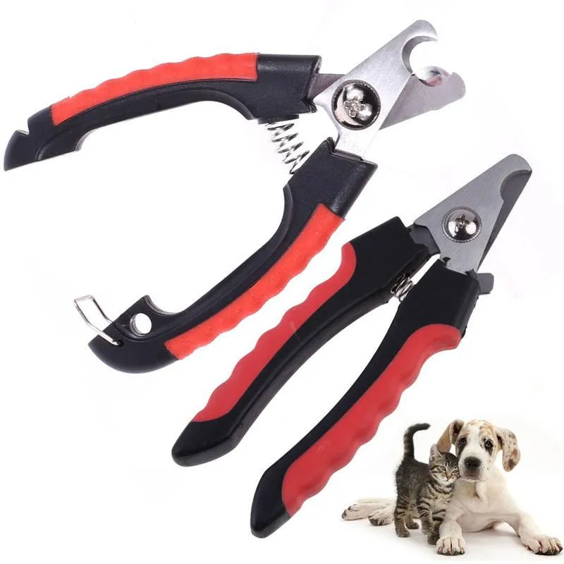 Dog pet grooming nail clipper with stainless steel blades and safety lock on skid-resistant plastic handle