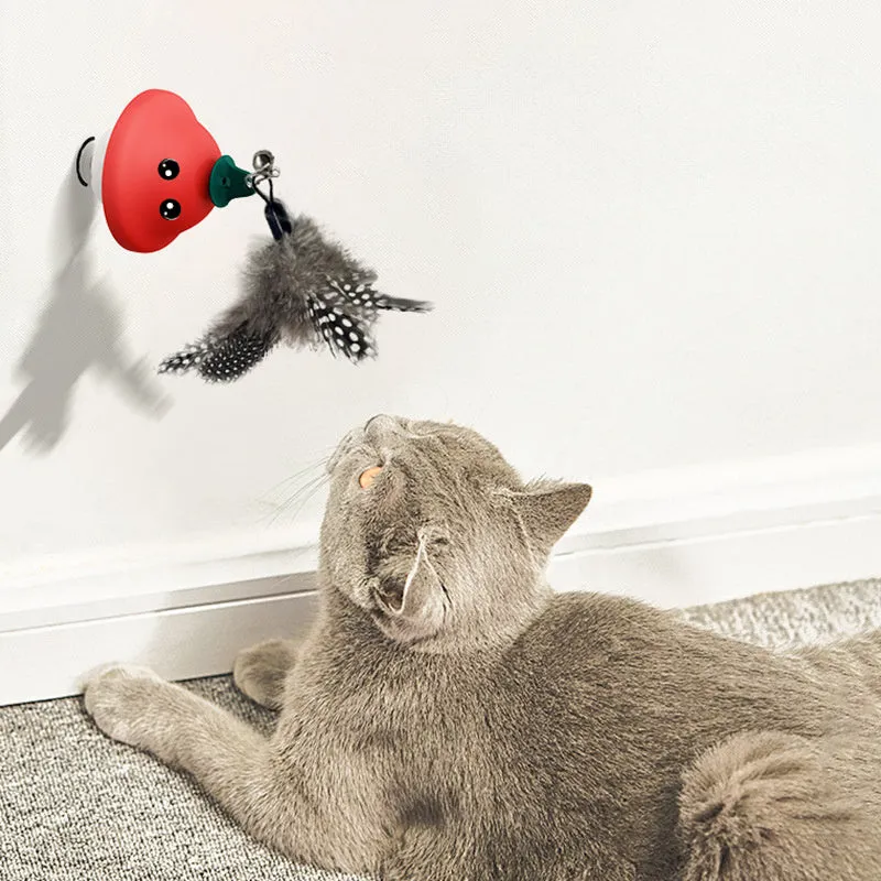 Red cat wand suction cup toy with retractable teaser on smooth surface, ABS construction, 41g weight