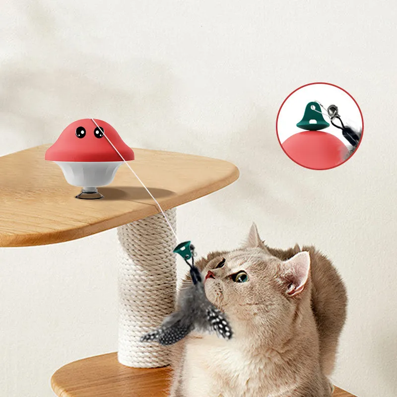 Red cat wand suction cup toy with retractable teaser on smooth surface, ABS construction, 41g weight