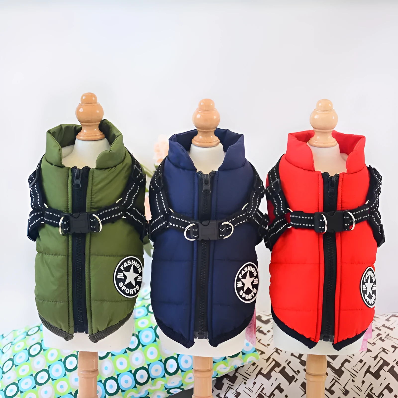 Small dog wearing a waterproof reflective coat with zipper and adjustable strap, available in multiple colours and nine sizes
