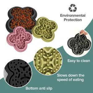 Silicone slow feed licking pad for cats and dogs on a floor, showing textured surface and raised edge.