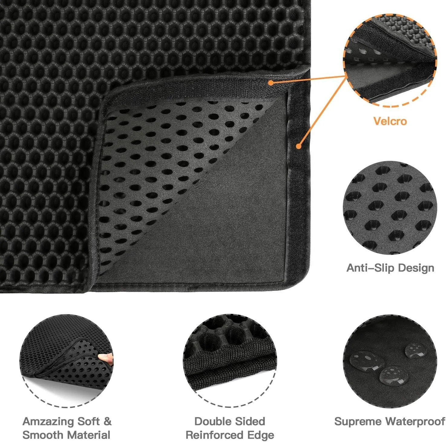Cat litter trapping mat with honeycomb double layer design in black, waterproof and anti-slip