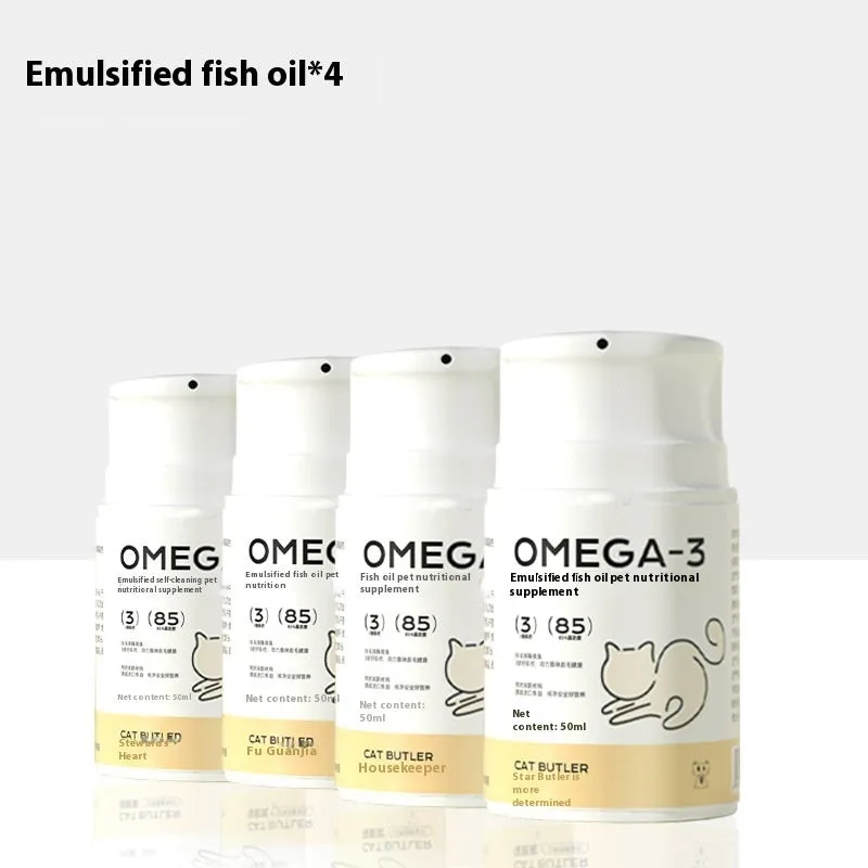 Cat Butler Pet Fish Oil bottle with Omega3, krill oil, and astaxanthin supplement for cats