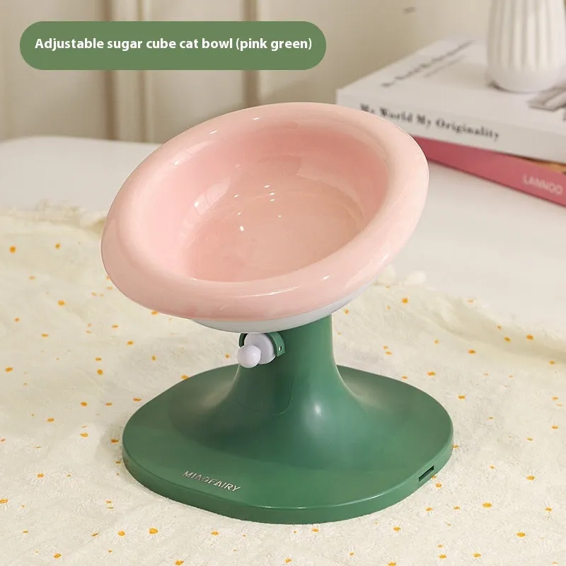 Adjustable ceramic cat feeding bowl in ice cream shape with pink and blue colour on a plastic base