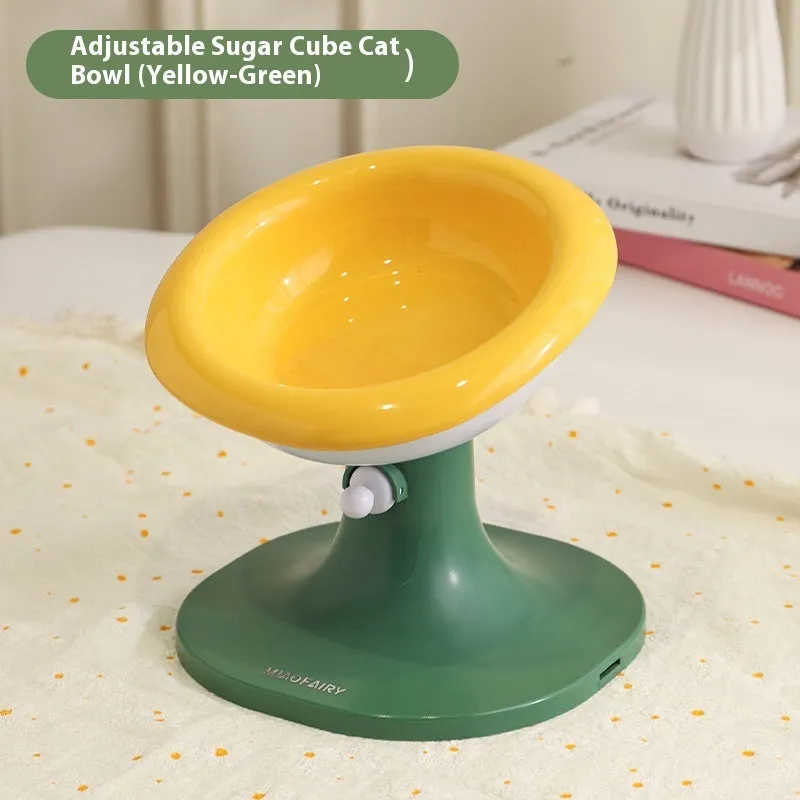 Adjustable ceramic cat feeding bowl in ice cream shape with pink and blue colour on a plastic base