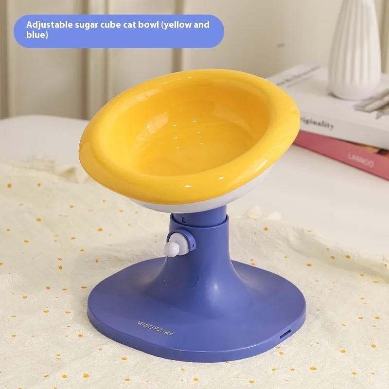 Adjustable ceramic cat feeding bowl in ice cream shape with pink and blue colour on a plastic base