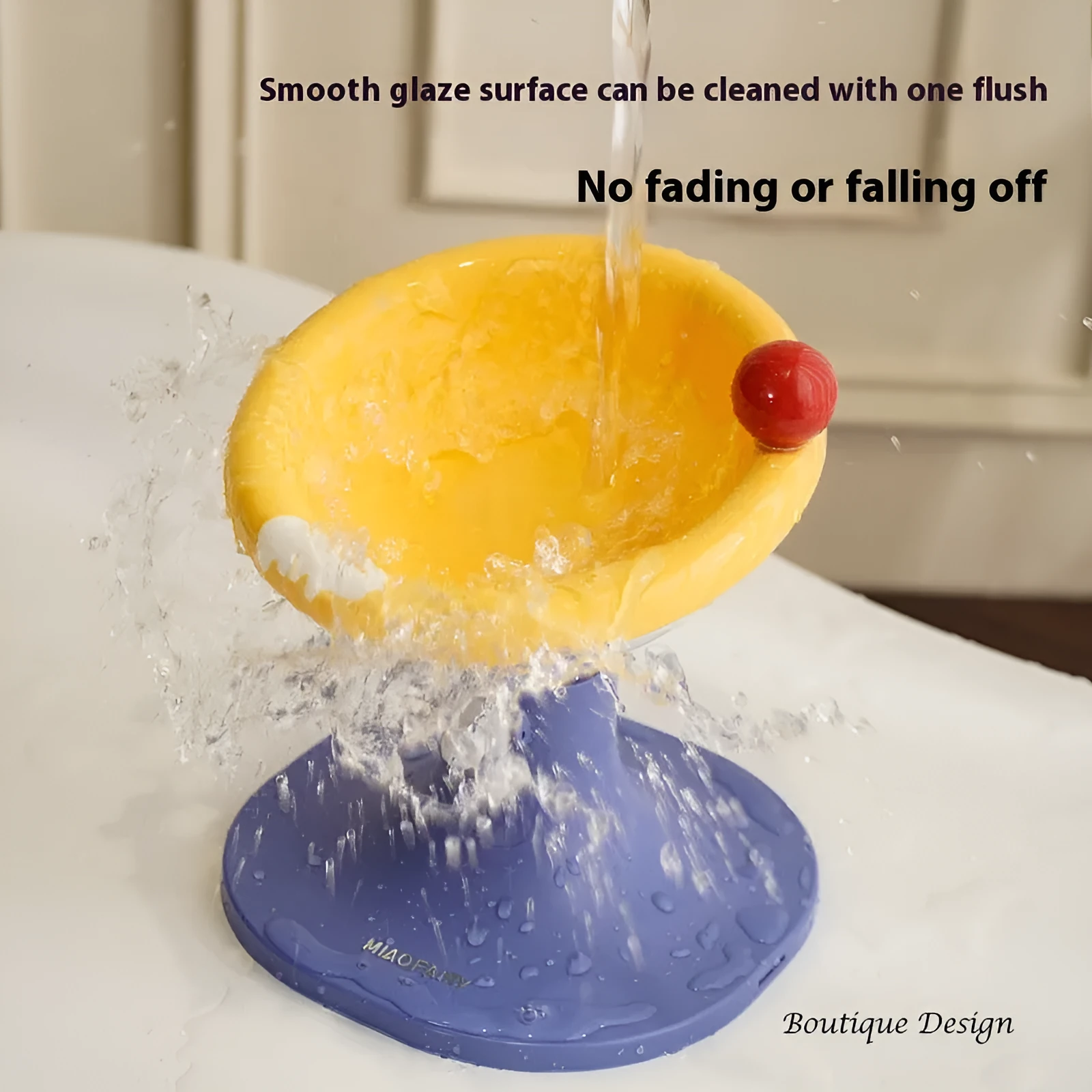 Adjustable ceramic cat feeding bowl in ice cream shape with pink and blue colour on a plastic base