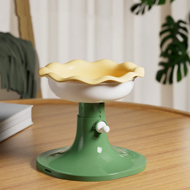 Adjustable ceramic cat feeding bowl in ice cream shape with pink and blue colour on a plastic base