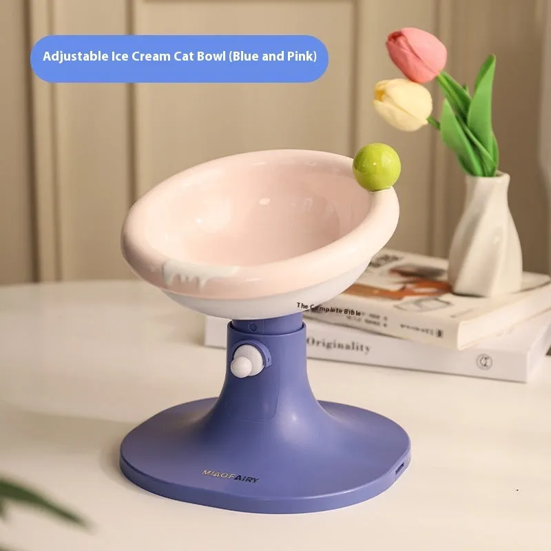 Adjustable ceramic cat feeding bowl in ice cream shape with pink and blue colour on a plastic base